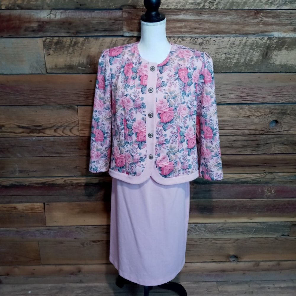 Gert Tiedeman Vtg Womans Size Large Skirt and Top Suit Shoulder Pads Pink Roses